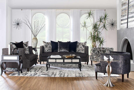 Simone Ash Grey Fabric Upholstered Living Room Set front view showing sofa and loveseat
