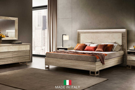 Luce Collection king bed with LED lighting and beige high gloss finish