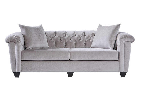 Lush Silver Velvet Upholstered Tufted Sofa front view