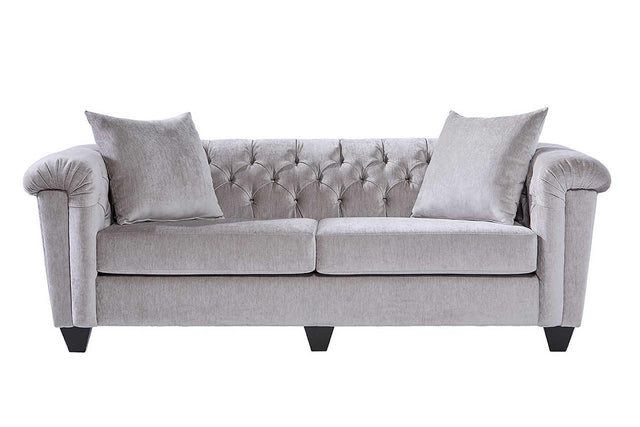 Lush Silver Velvet Upholstered Tufted Sofa front view