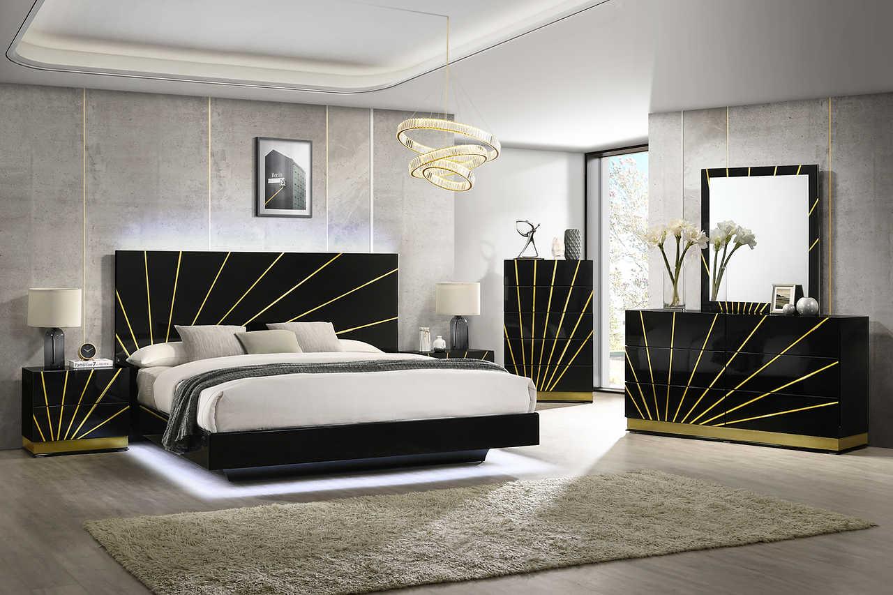 main view of Zenia Black Gold LED Panel Bedroom Set bed