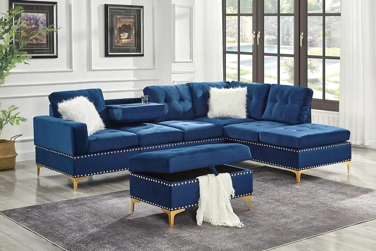 main view of Joy Blue Velvet Upholstered Tufted Sectional with Ottoman sectional sofa