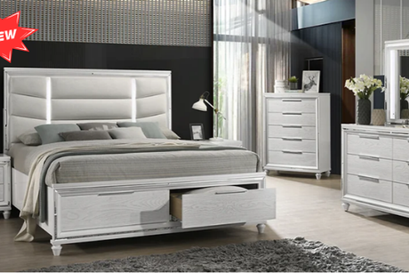Paola White LED Upholstered Storage Platform Bedroom Set bed main view