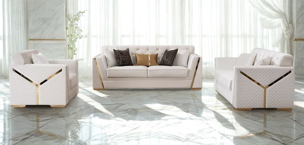 Front view of Hilena Off White Velvet Sofa and Loveseat with gold accents