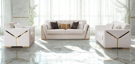 Front view of Hilena Off White Velvet Sofa and Loveseat with gold accents