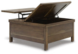 Moriville Grayish Brown Coffee Table with 2 End Tables — angled view