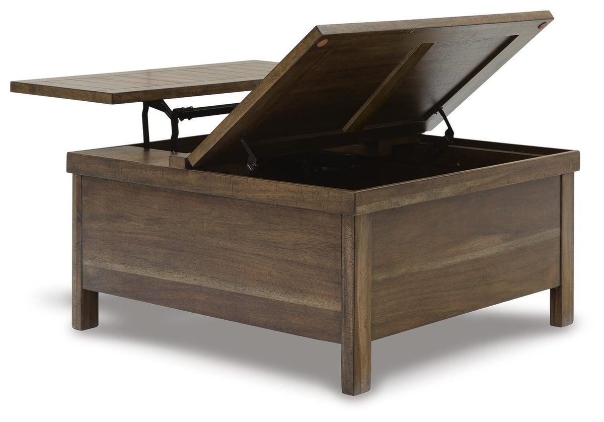 Moriville Grayish Brown Coffee Table with 1 End Table — angled view