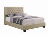 Chloe tufted upholstered full bed oatmeal side view