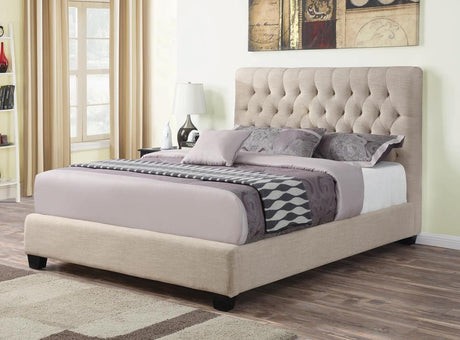 Chloe Tufted Upholstered King Bed in Oatmeal - Front view with tufted headboard and storage drawers