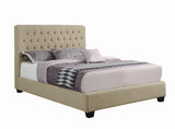 Close-up of tufted oatmeal headboard on Chloe Queen Bed