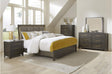 Brown gray fabric upholstered panel bed main view