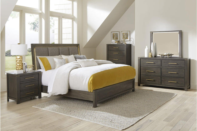 Brown gray fabric upholstered panel bed main view