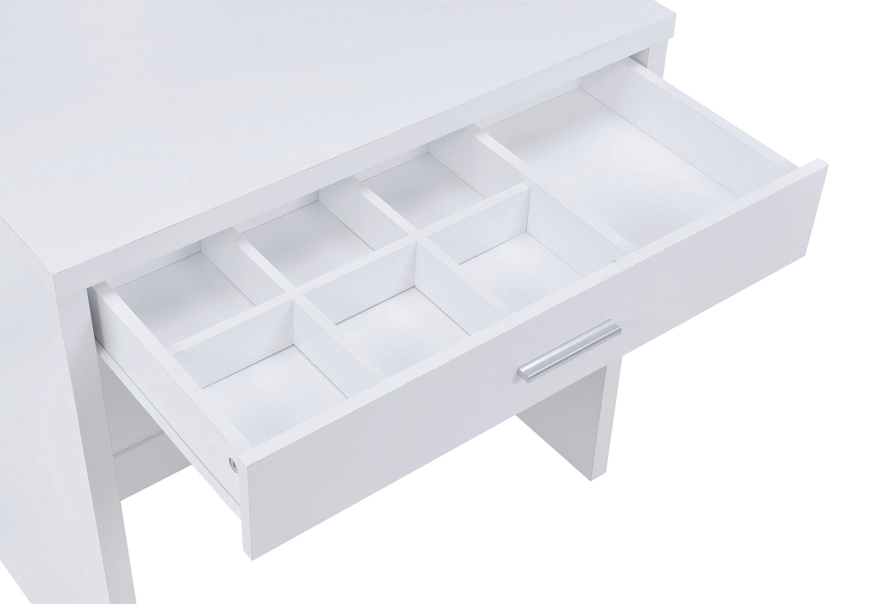 Vanity drawer with pull handle open showing compartments