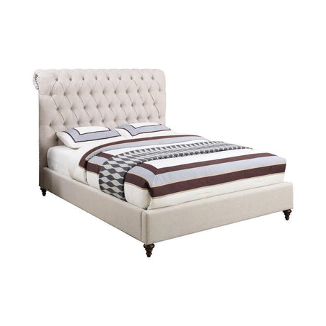 Side view of Devon full upholstered bed with turned cappuccino legs
