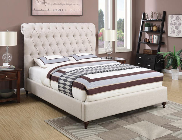 Devon Button Tufted Upholstered Beige Queen Bed front view