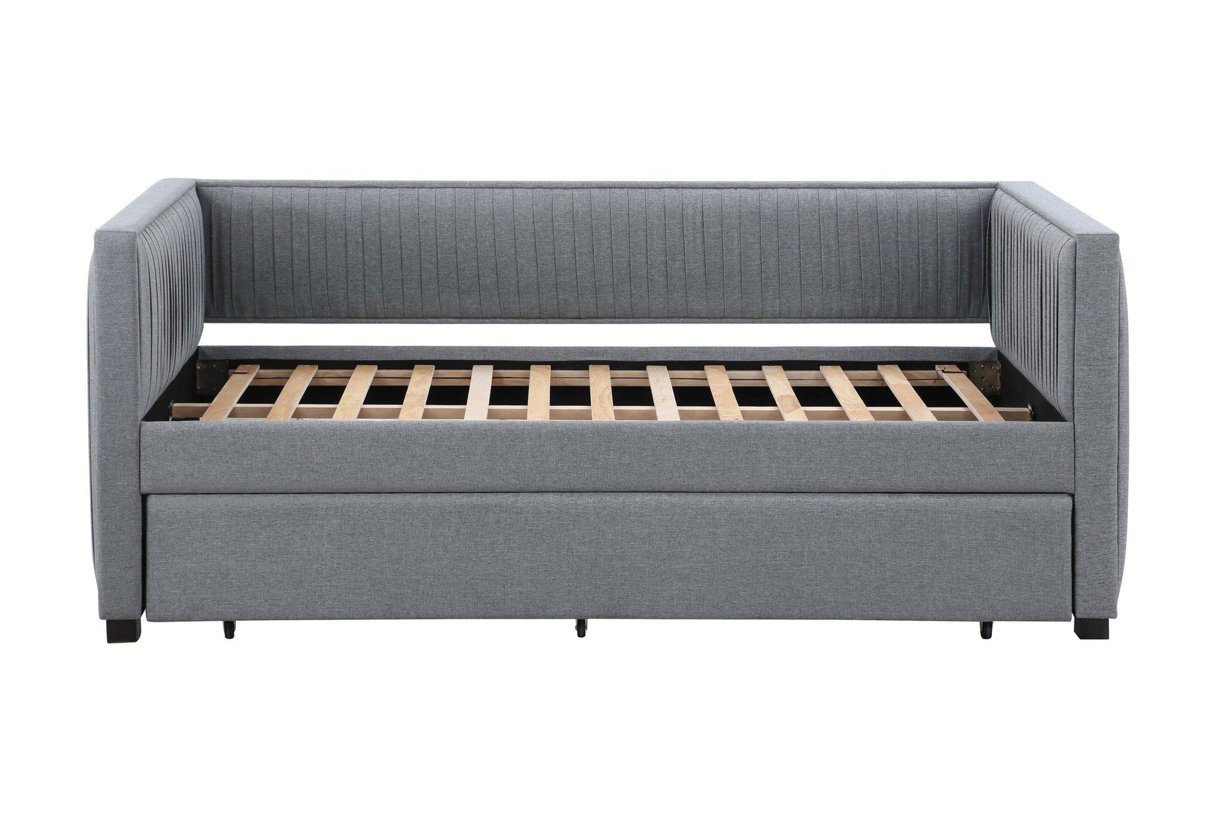 Brodie Grey Upholstered Twin Daybed with Trundle pulled-out trundle view