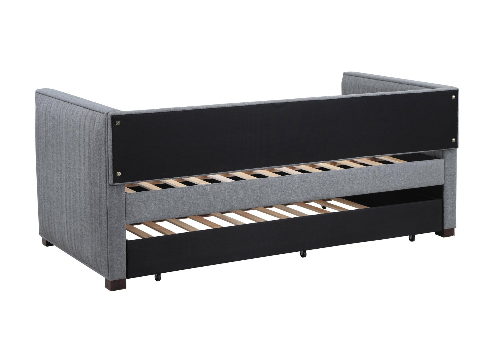 Brodie Grey Upholstered Twin Daybed with Trundle with decorative pillows