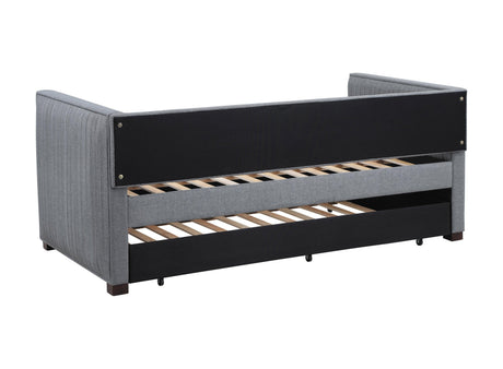 Brodie Grey Upholstered Twin Daybed with Trundle with decorative pillows
