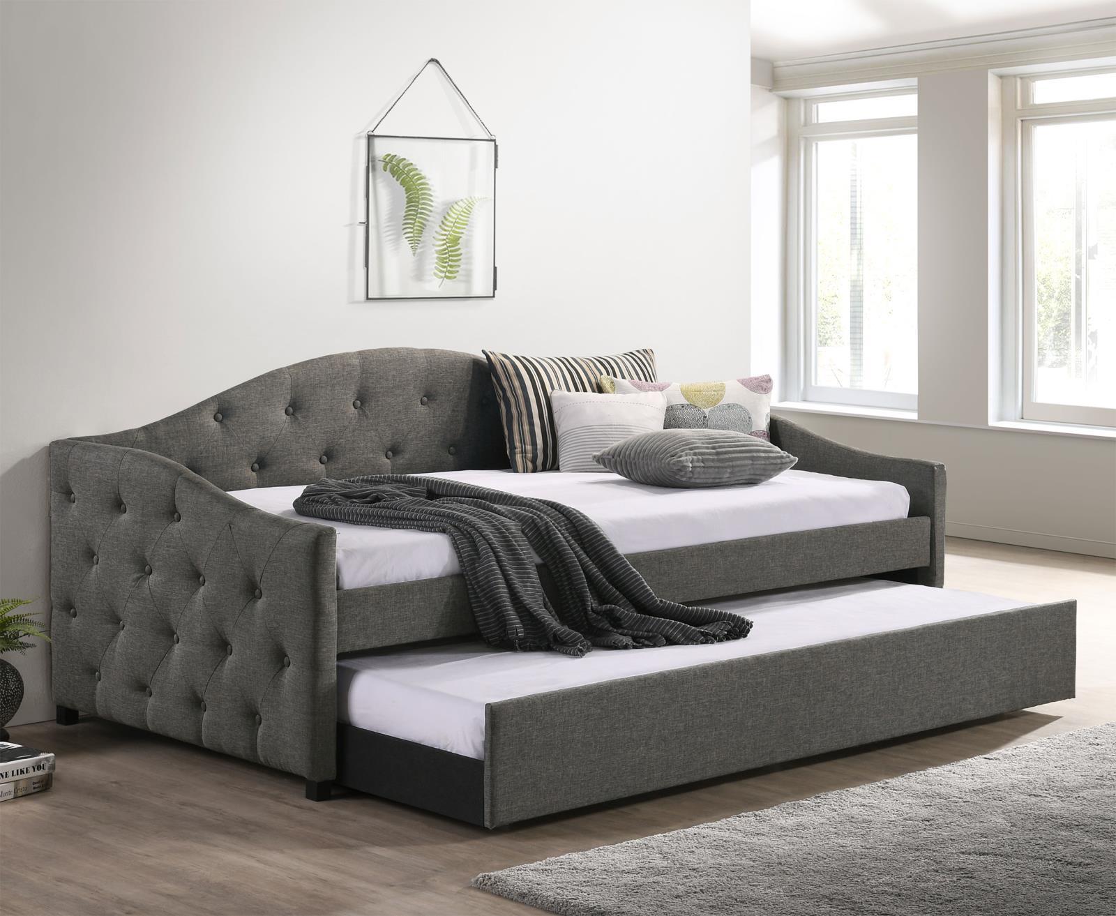 Sadie dark grey upholstered twin daybed with trundle front view