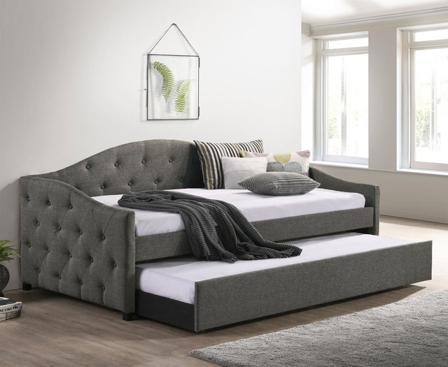 Sadie dark grey upholstered twin daybed with trundle front view