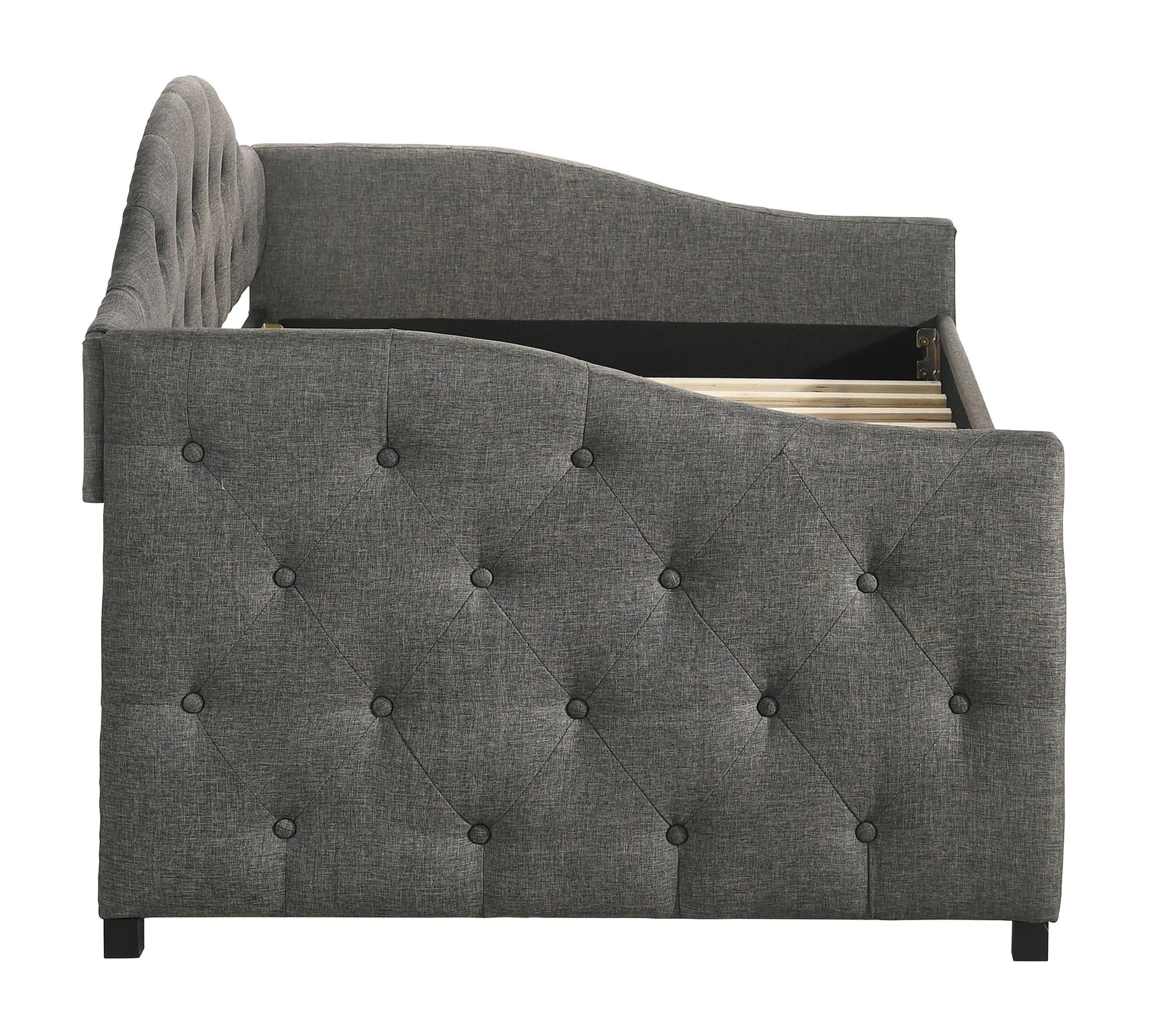 Close-up of dark grey fabric upholstery on Sadie daybed