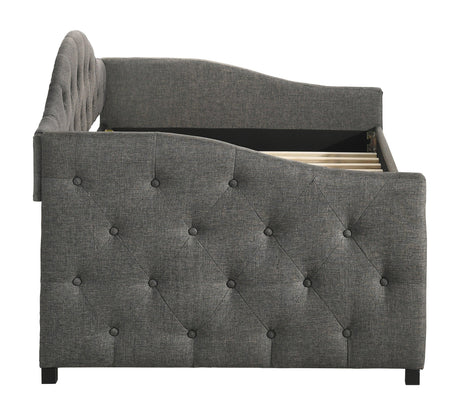Close-up of dark grey fabric upholstery on Sadie daybed