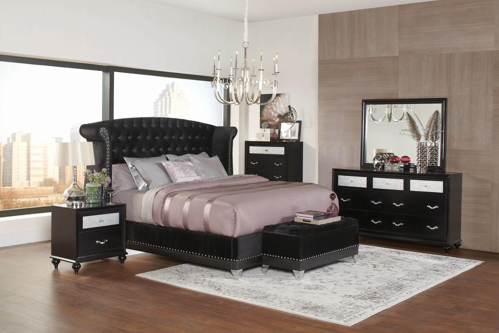 Close-up of tufted headboard with nailhead trim on Barzini Bed