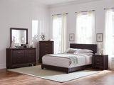 Dorian Upholstered King Bed warm cappuccino brown side angle showing headboard
