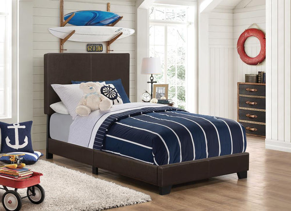 Dorian Brown Upholstered Twin Bed angled front view