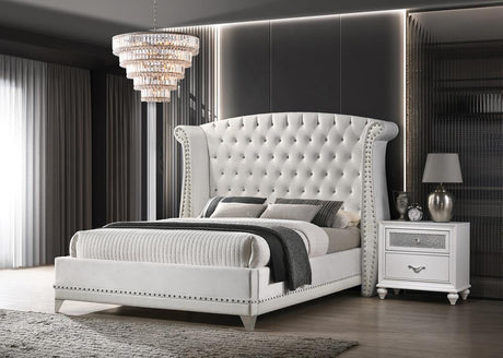 Barzini King Wingback Tufted Bed White side profile showing tapered legs