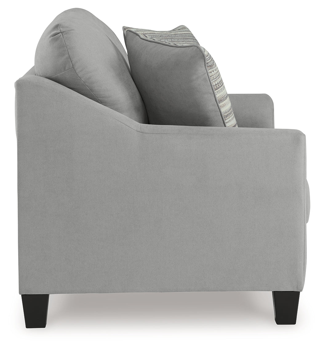 Adlai Shadow Chenille Loveseat side view illustrating frame and arm height