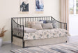 Newbury daybed frame close-up of matte black finish and metal platform
