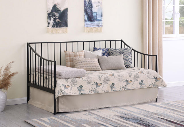 Newbury daybed frame close-up of matte black finish and metal platform