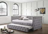 Mockern grey tufted upholstered twin daybed with trundle, front angle