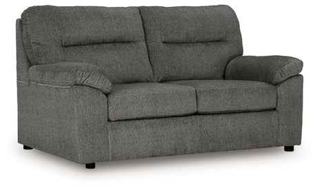 Bindura Mineral Velvet Loveseat angled side view showing velvet upholstery