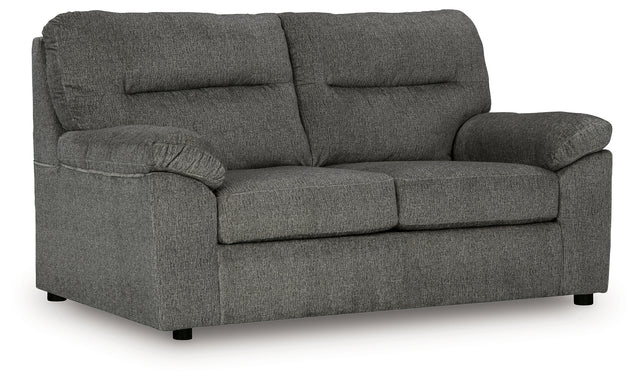 Bindura Mineral Velvet Loveseat angled side view showing velvet upholstery