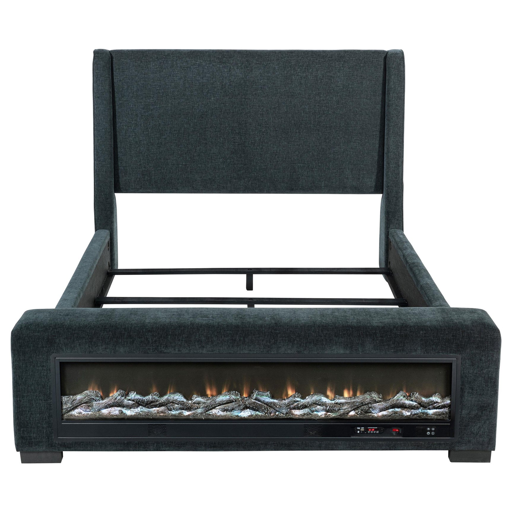 Bed footboard with LED flame visualizer lit