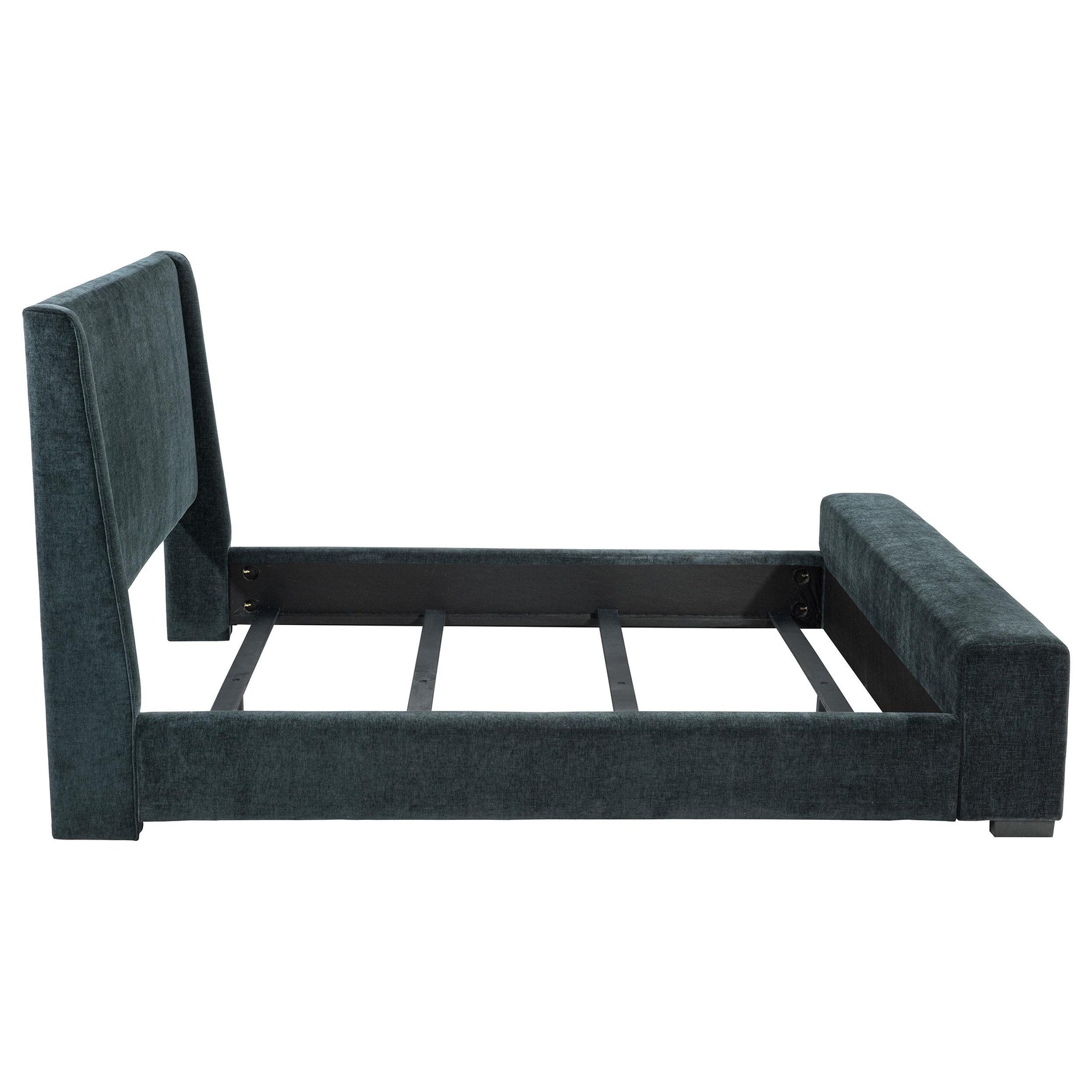 Side angle of blue upholstered queen bed