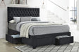 Soledad Queen Upholstered Storage Bed side view showing four storage drawers in charcoal fabric