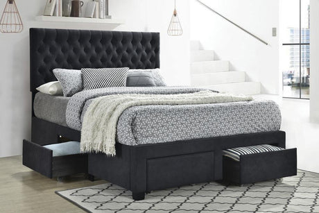Soledad Queen Upholstered Storage Bed side view showing four storage drawers in charcoal fabric