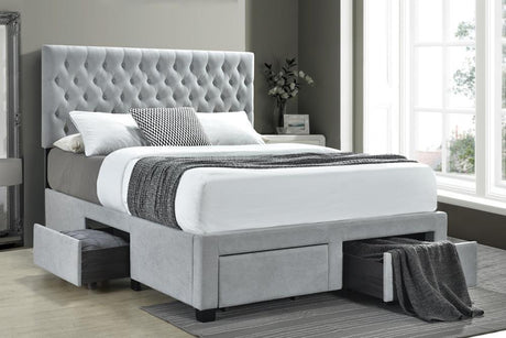 Soledad Full beige upholstered bed with button tufted headboard and 4 drawers