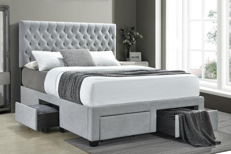 Soledad King Upholstered Storage Bed beige, side view showing four storage drawers