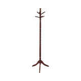 Side view of Riona wood coat rack with merlot finish and tripod base