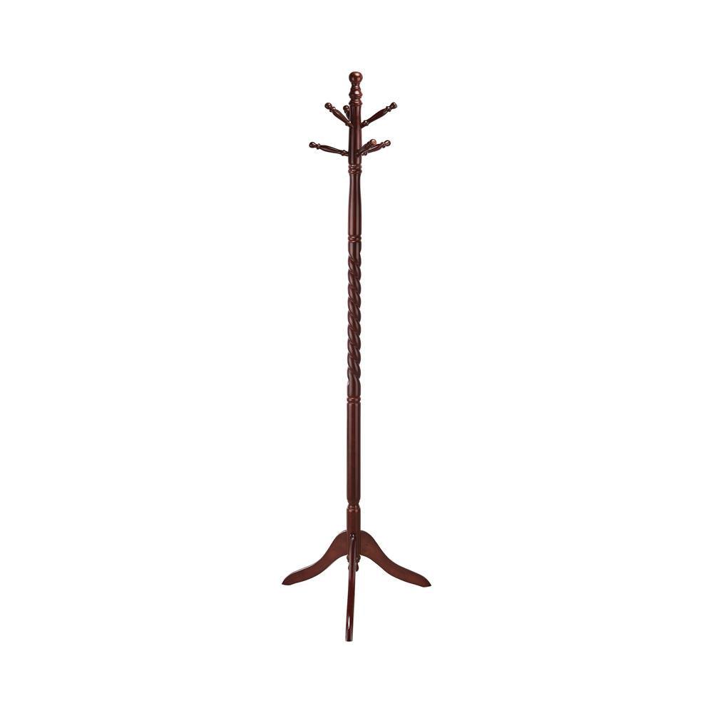 Side view of Riona wood coat rack with merlot finish and tripod base