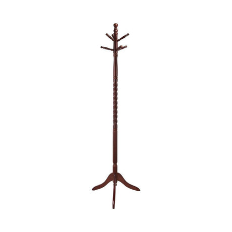 Side view of Riona wood coat rack with merlot finish and tripod base