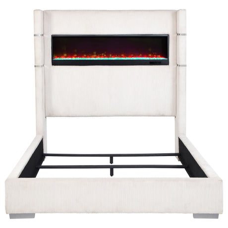 Tisdall 67-inch black upholstered Eastern King bed with integrated LED fireplace, front view