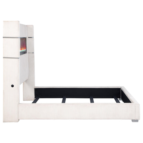Tisdall 67-inch black upholstered Eastern King bed with integrated LED fireplace, front view