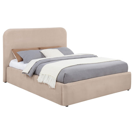 Anders Upholstered Queen Storage Lift Platform Bed beige headboard detail