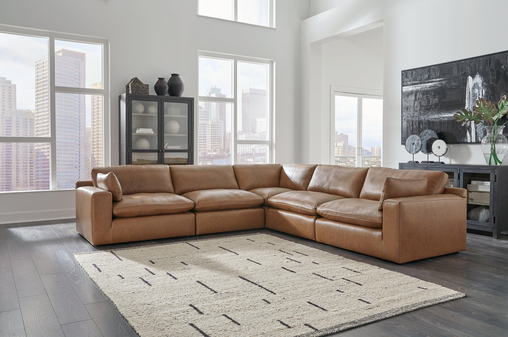 Close-up detail of Emilia Caramel 5-Piece Sectional sofa fabric and cushions