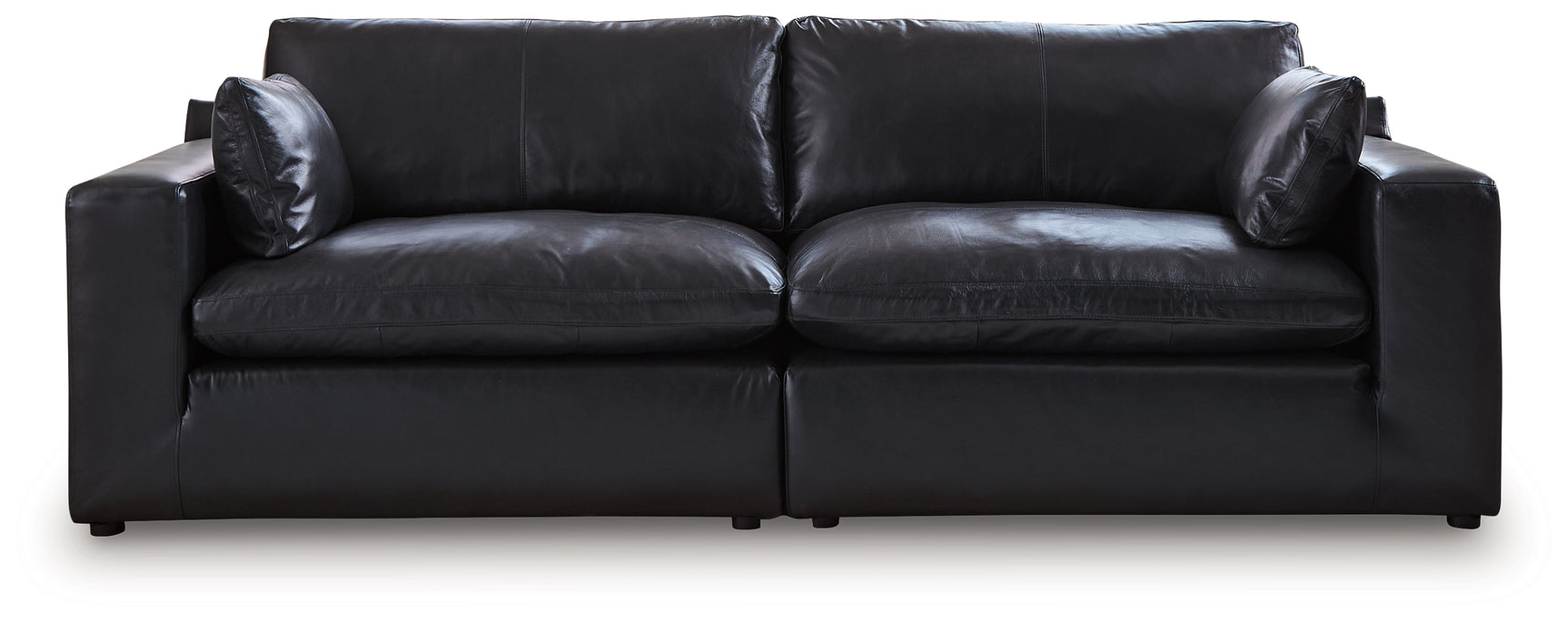 Emilia Black Leather 2-Piece Sectional Loveseat side view showing leather upholstery